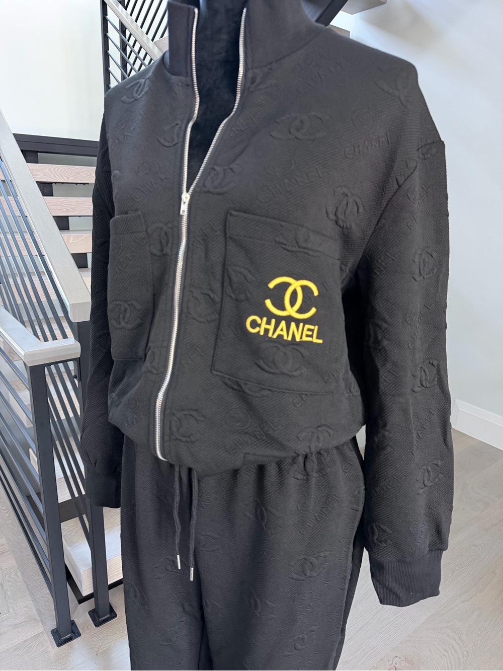 Chanel Black Logo Matching Track suit with Wide Leg Pants and Pockets size L - Picture 3 of 7